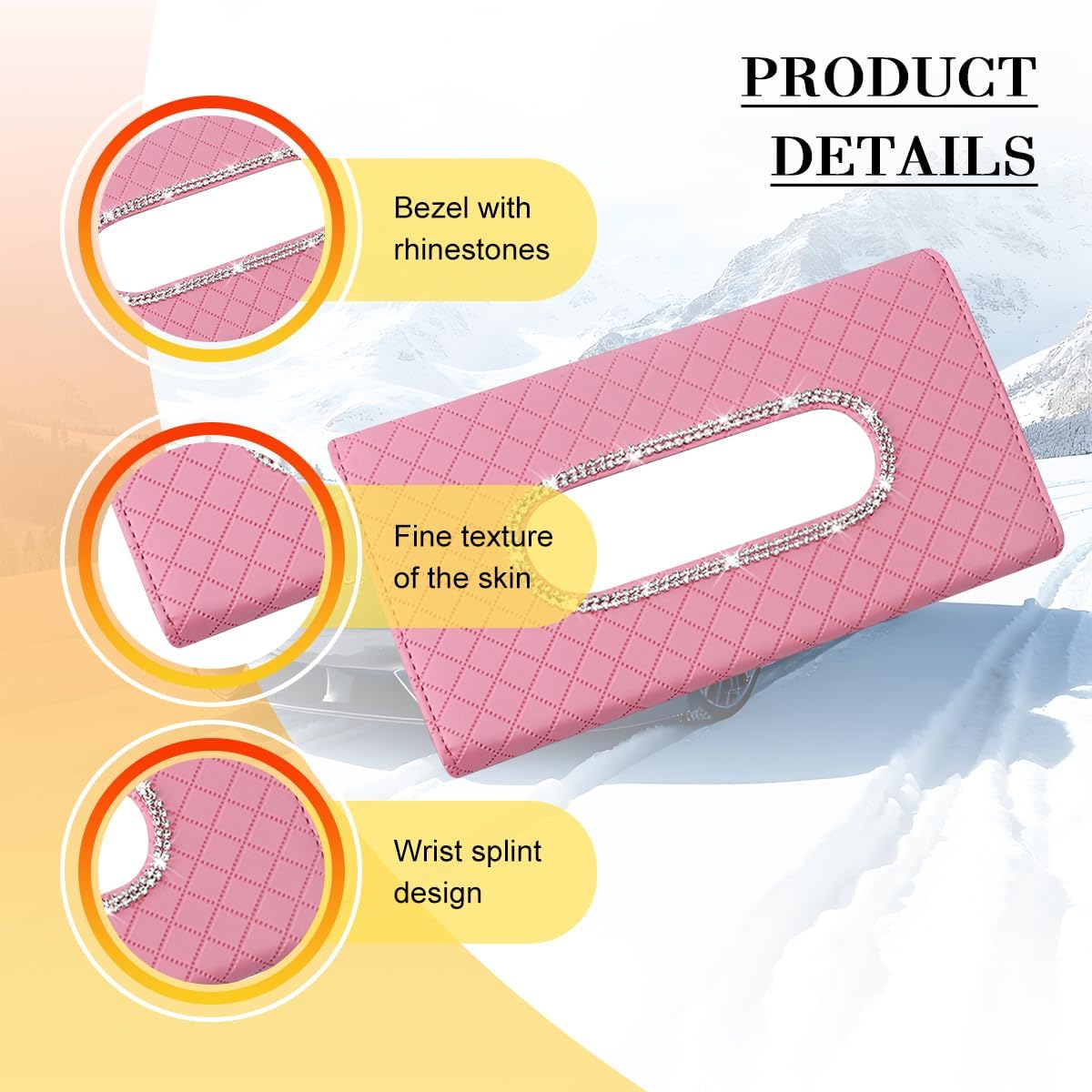 Bling Car Visor Tissue Holder, Crystal Rhinestones Vehicle Sun Visor Hanging Napkin Organizer Case with Ergonomic Take Out Port, Automotive Interior Tissue Dispenser, Universal Fit (Pink) image 3