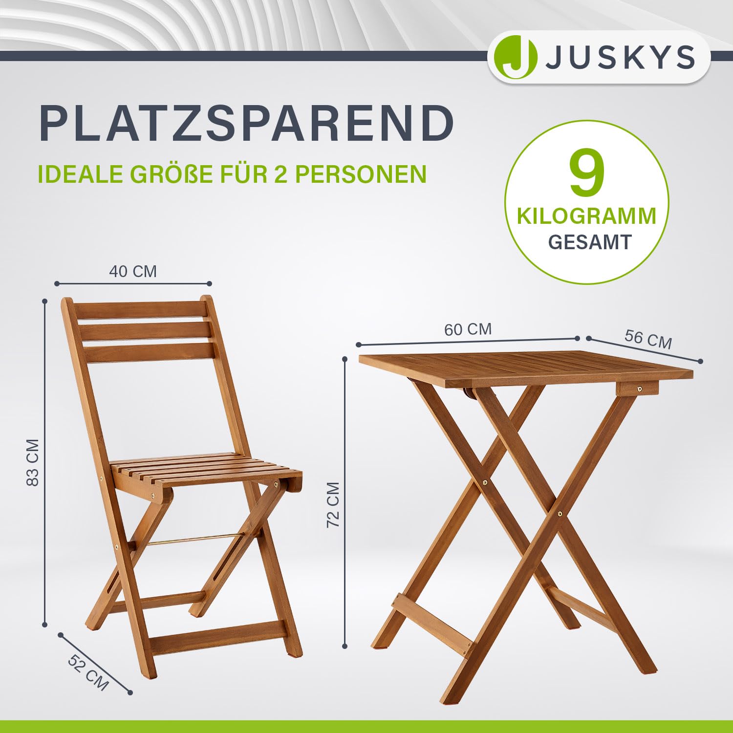 Juskys Balkonmöbel Set Bala - Sitzgruppe 3 teilig aus Holz für 2 Personen, klappbar, platzsparend - Gartenmöbel Tisch Stühle Balkonset Klappstuhl