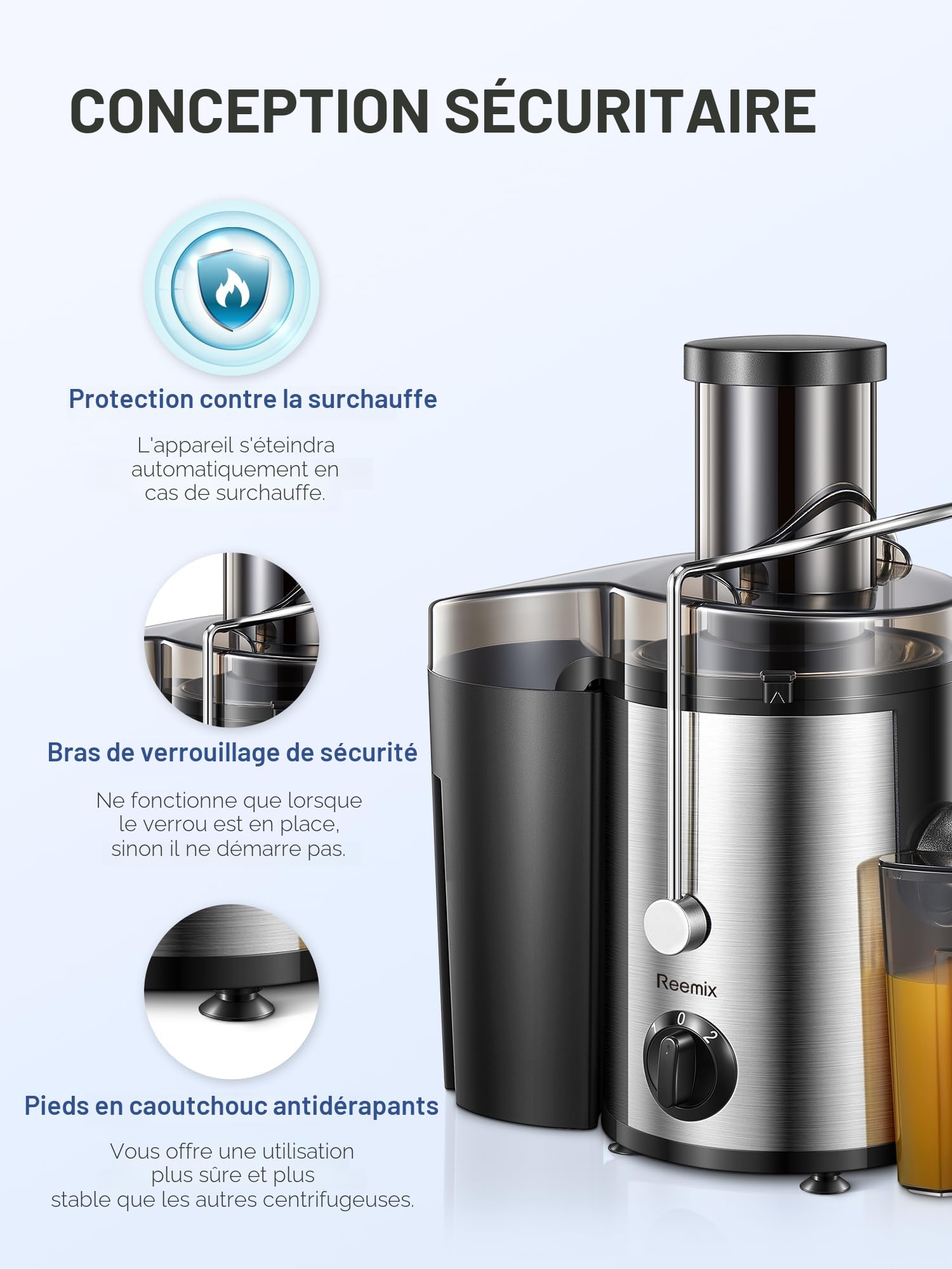 Reemix Centrifugeuse Extracteur de Jus, Centrifugeuse Fruits et Legumes à 2 Vitesses, 65 MM Large Bouche, Pieds Antidérapants, Brosse de Nettoyage Incluse (noir, 500W)