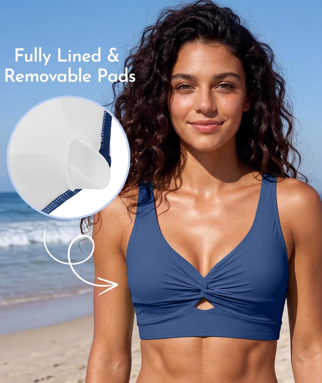 American Trends Bikini Tops for Women Keyhole Cutout Twist Front Swimsuit Top Wide Strap Padded Bathing Suit Top Only