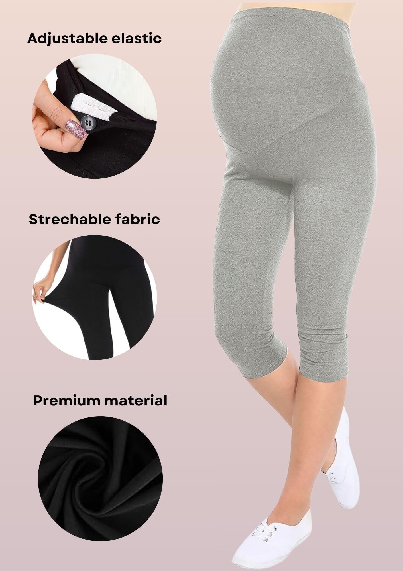 Litelooks Women's Cotton Lycra Over Belly 3/4 Capri Maternity Leggings - Comfortable, Seam-Free, High Waist Support, Stretchable Pregnancy Pants for Pre & Post Pregnancy (in, Alpha, 3XL, BLK - Gry) - Image 3 thumbnail