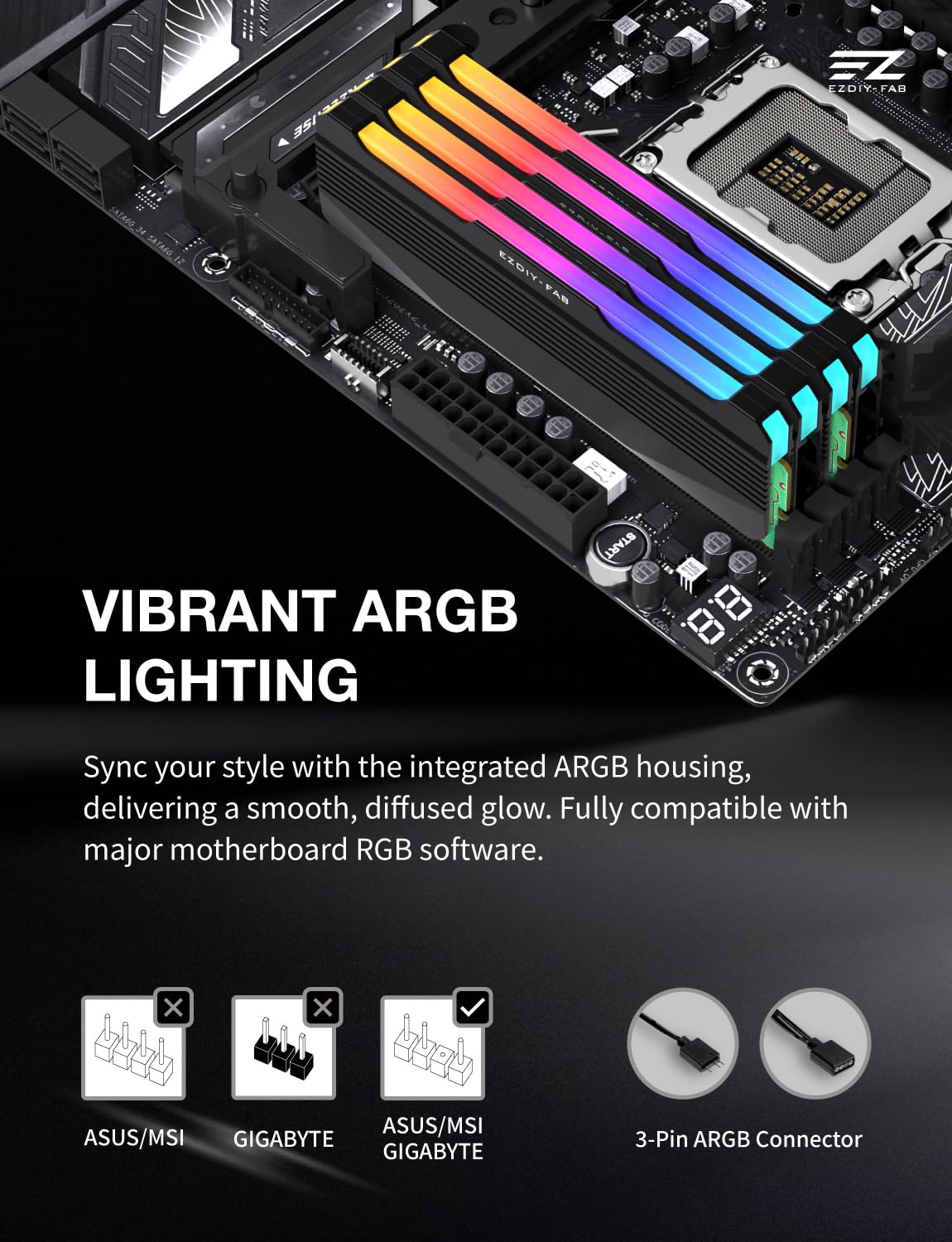 EZDIY-FAB RH01 ARGB Dissipatore di calore RAM, dissipatore di calore RGB per memoria per DDR5 DDR4, dissipatore di calore RAM in alluminio con illuminazione ARGB 5 V a 3 pin, raffreddamento della