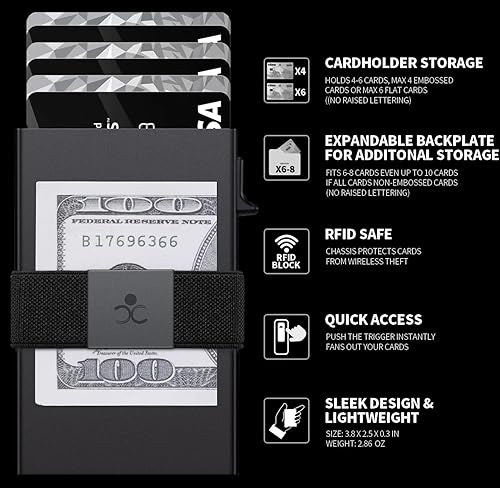 Miniatura 56 de Cartera delgada de aluminio para hombre, placa trasera expandible duradera, bloqueo RFID, billetera desplegable de metal minimalista, con capacidad