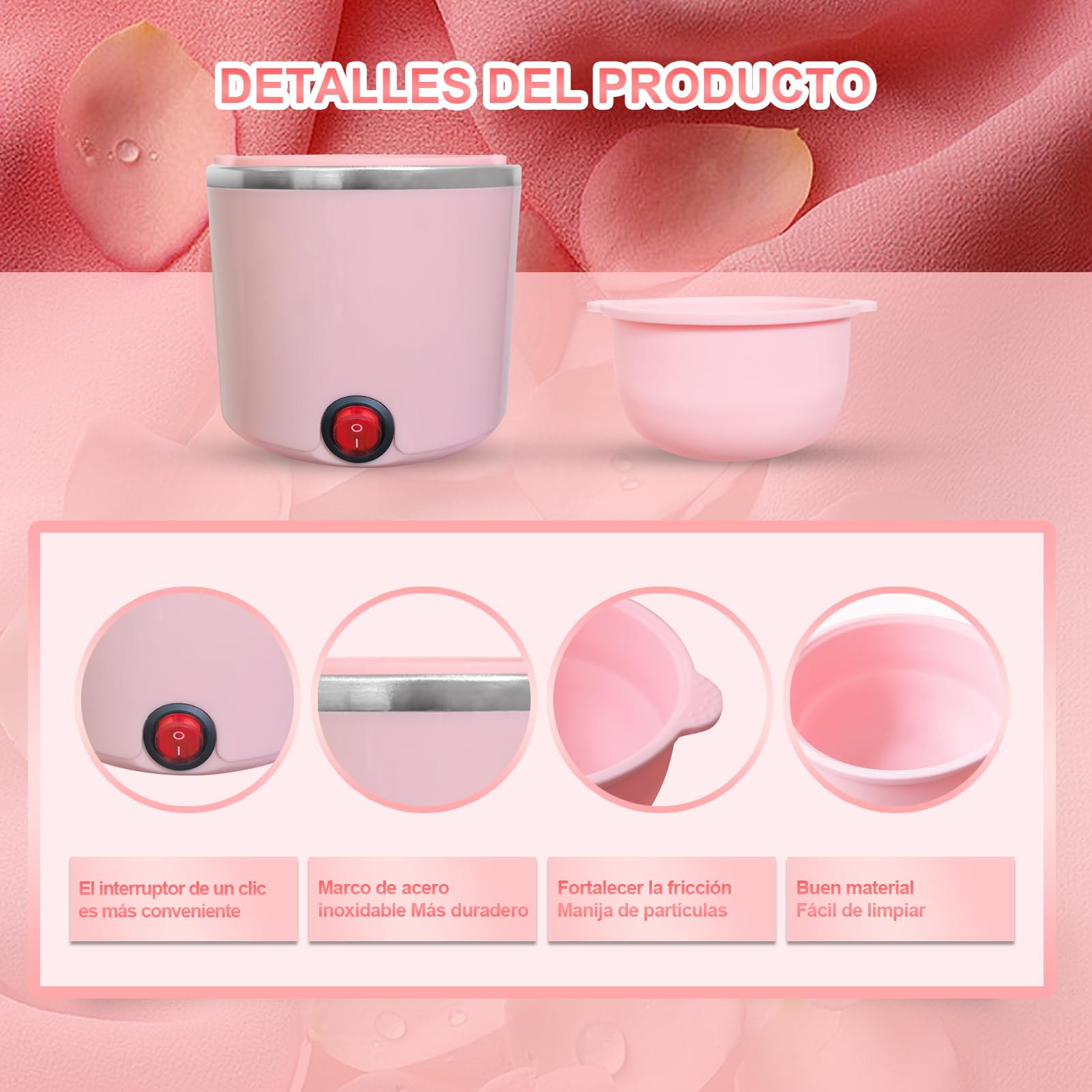 Mini podgrzewacz do wosku do depilacji, maszyna do depilacji gorącym woskiem z silikonowym pojemnikiem 200 ml, kompletny zestaw 4 torebek z woskową perłą, 20 szpatułek (różowy, okrągły)