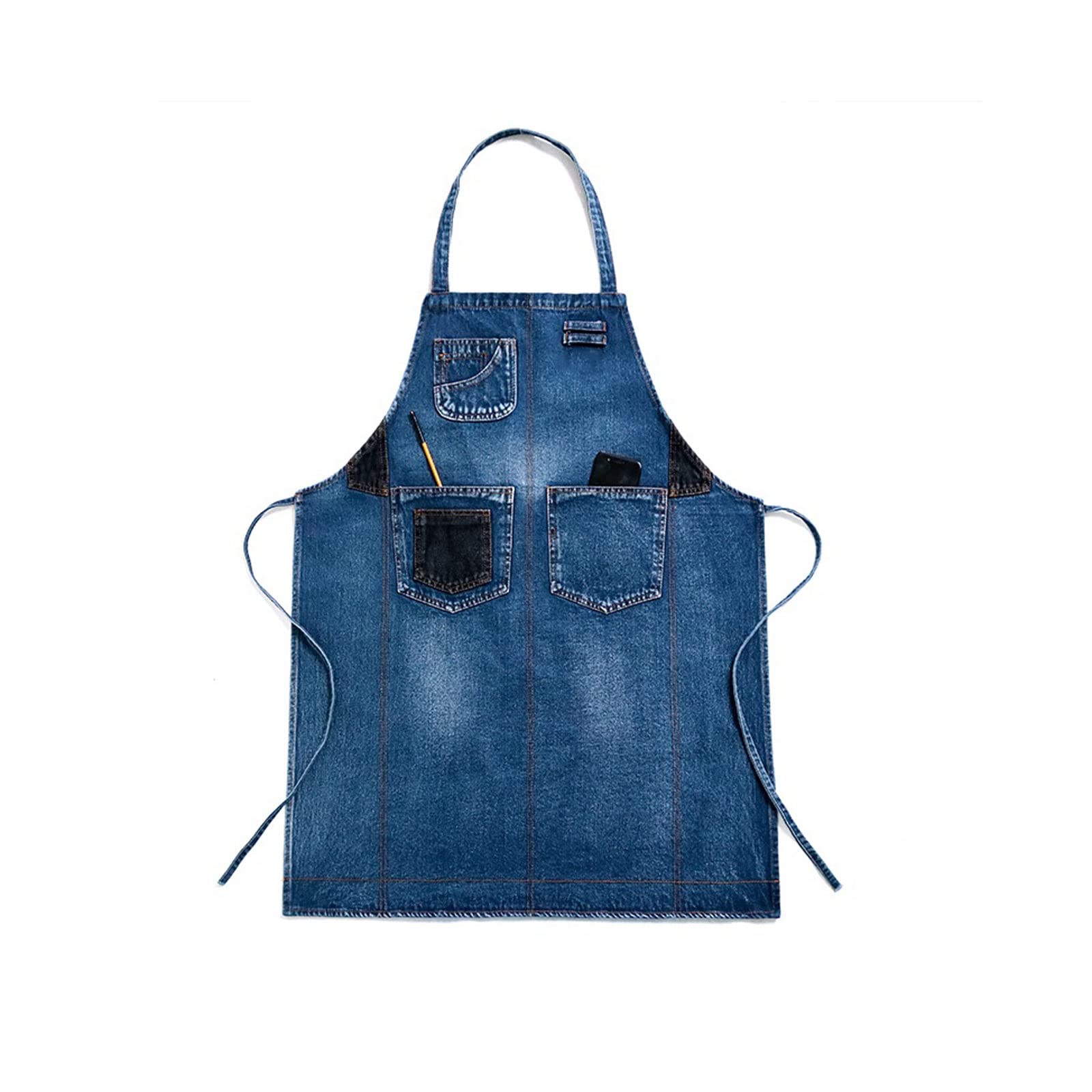 Tablier en denim délavé pour barista, travail, salon de thé, restaurant, serveur, vêtements de travail, pâtisserie, nail art, barbier (bleu), bleu, taille unique