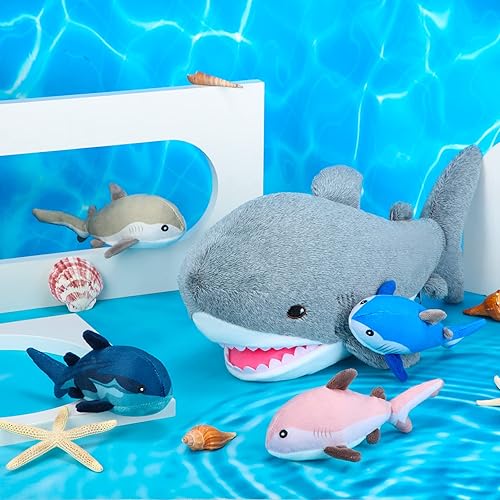Miniatura 4 de Kasyat Peluche de tiburón de 18 pulgadas con 4 razas diferentes de pequeños tiburones, peluche de tiburón con cremallera, animales de peluche