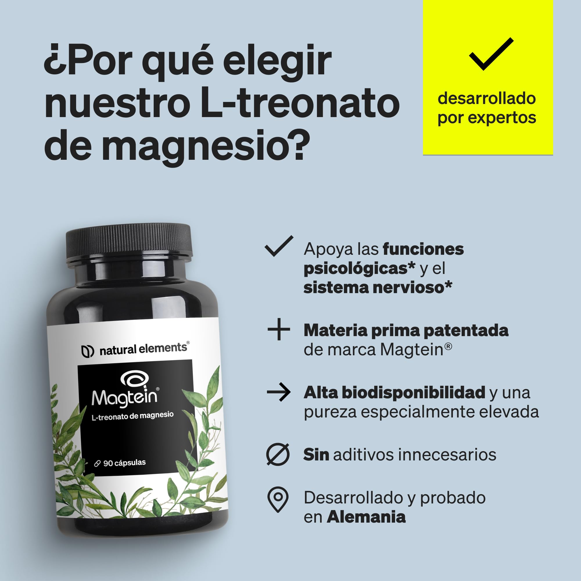 Magtein® L-treonato de magnesio - ALTA PUREZA - 2.083mg de magnesio treonato de alta Absorción - Soporte para tus músculos, huesos y nervios - 90 Cápsulas - Probado en laboratorio