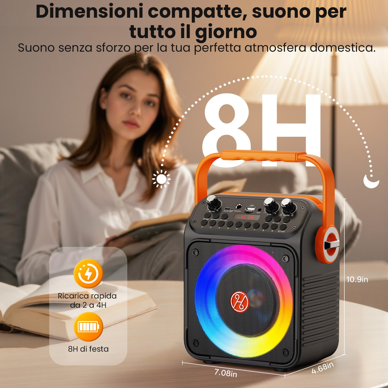 HWWR Impianto karaoke con 2 microfoni, altoparlante Bluetooth con subwoofer da 6,5 pollici, effetti luminosi RGB, box karaoke portatile per adulti e bambini, feste di famiglia, feste e all'aperto