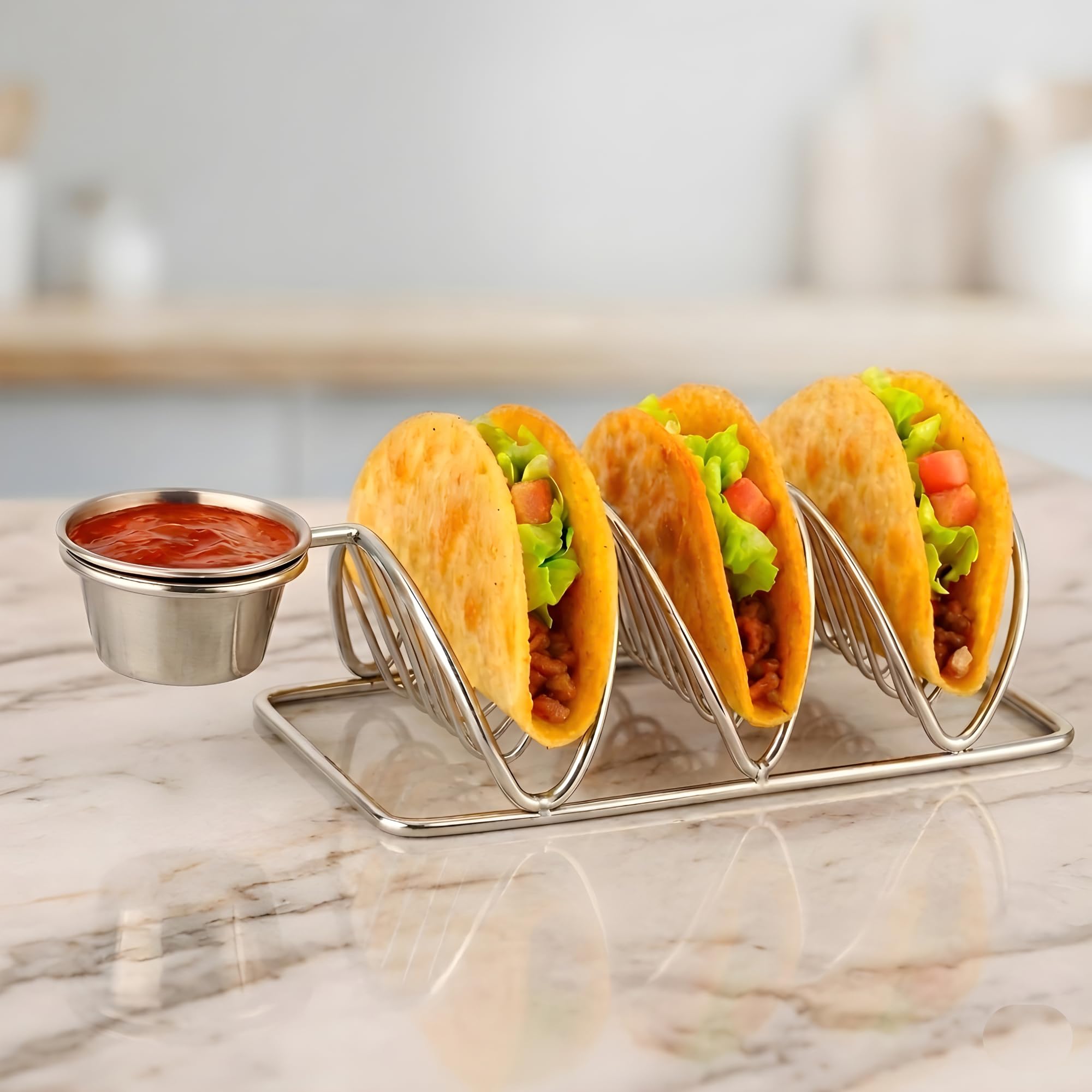 Dolin Decor Premium Stainless Steel (Ss) Taco Holder Stand with Dip Bowl – Stylish and Durable Taco Shell Serving Rack for Parties (Silver) (Silver, Set of 1)