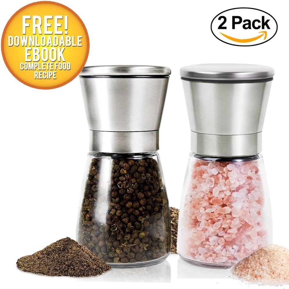 | 2 pcs 6.7 Oz Brushed Stainless Steel and Strong Glass Body Salt and Pepper Grinder Shaker | Adjustable Coarseness Hand Ceramic Mechanism Salt and Pepper Mill with Food Recipe E-Book