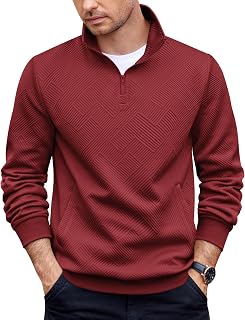Mens Quarter Zip Pullover Casual Long Sleeve Quilted Sweatshirt Mock Neck Polo Sweater with Pocket