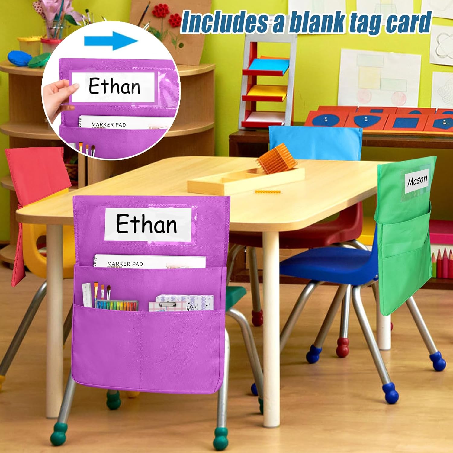 Chair Pockets for classrooms, 6 Bright Color Seat Storage Organizer for Kids School Supplies with 2 Large Pockets Keeps Students Organized and Classrooms Neat (12 Pack)