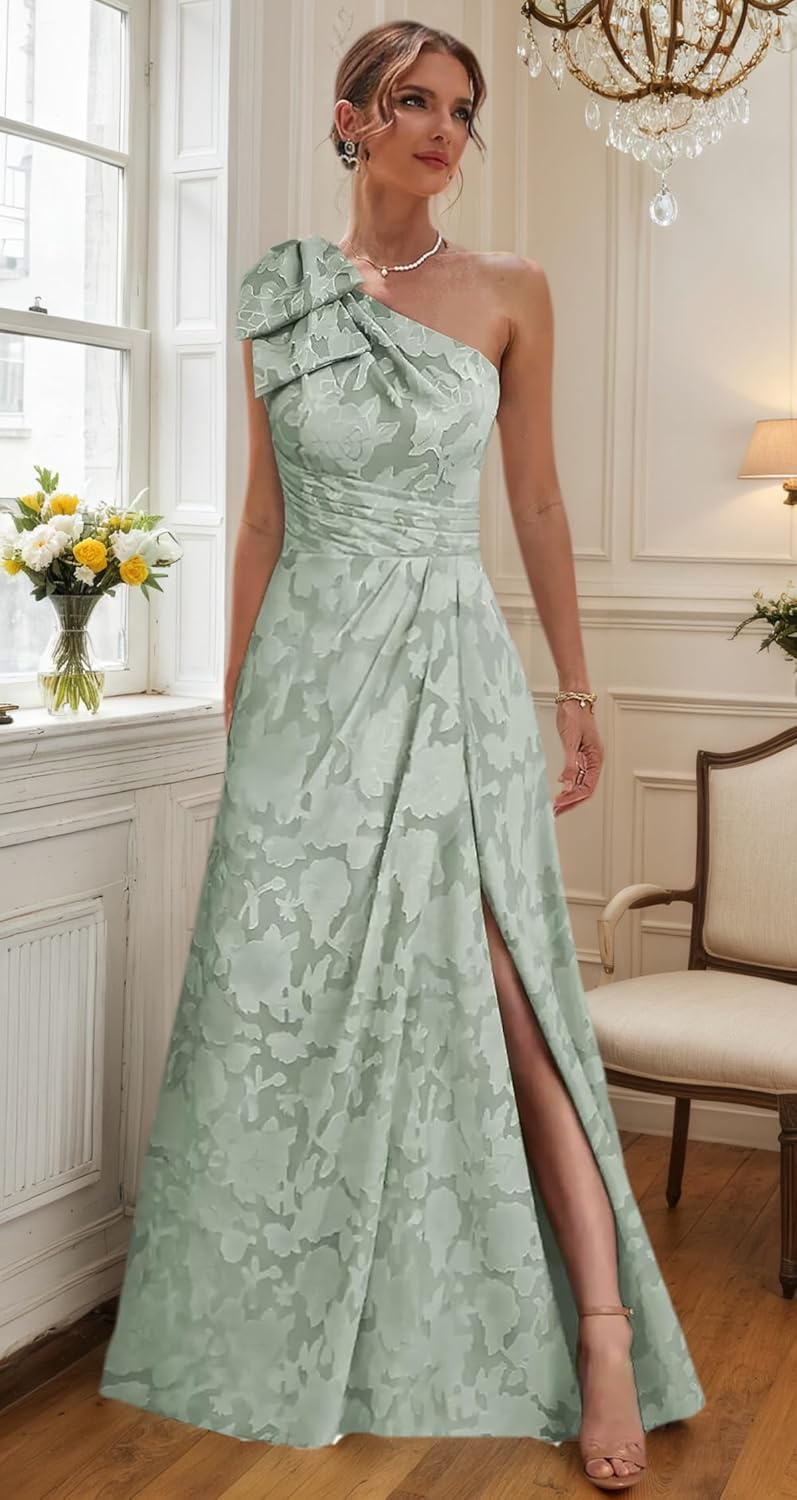 One Shoulder Mother of The Bride Dresses for Women Lace Floral Long Formal Dress with Bow - Image 5