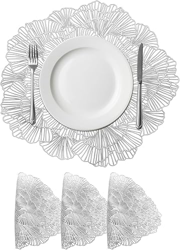 Miniatura 12 de uxcell Juego de 6 manteles individuales redondos de flores rosas para mesas de cena, manteles individuales metálicos de polivinilo prensado,