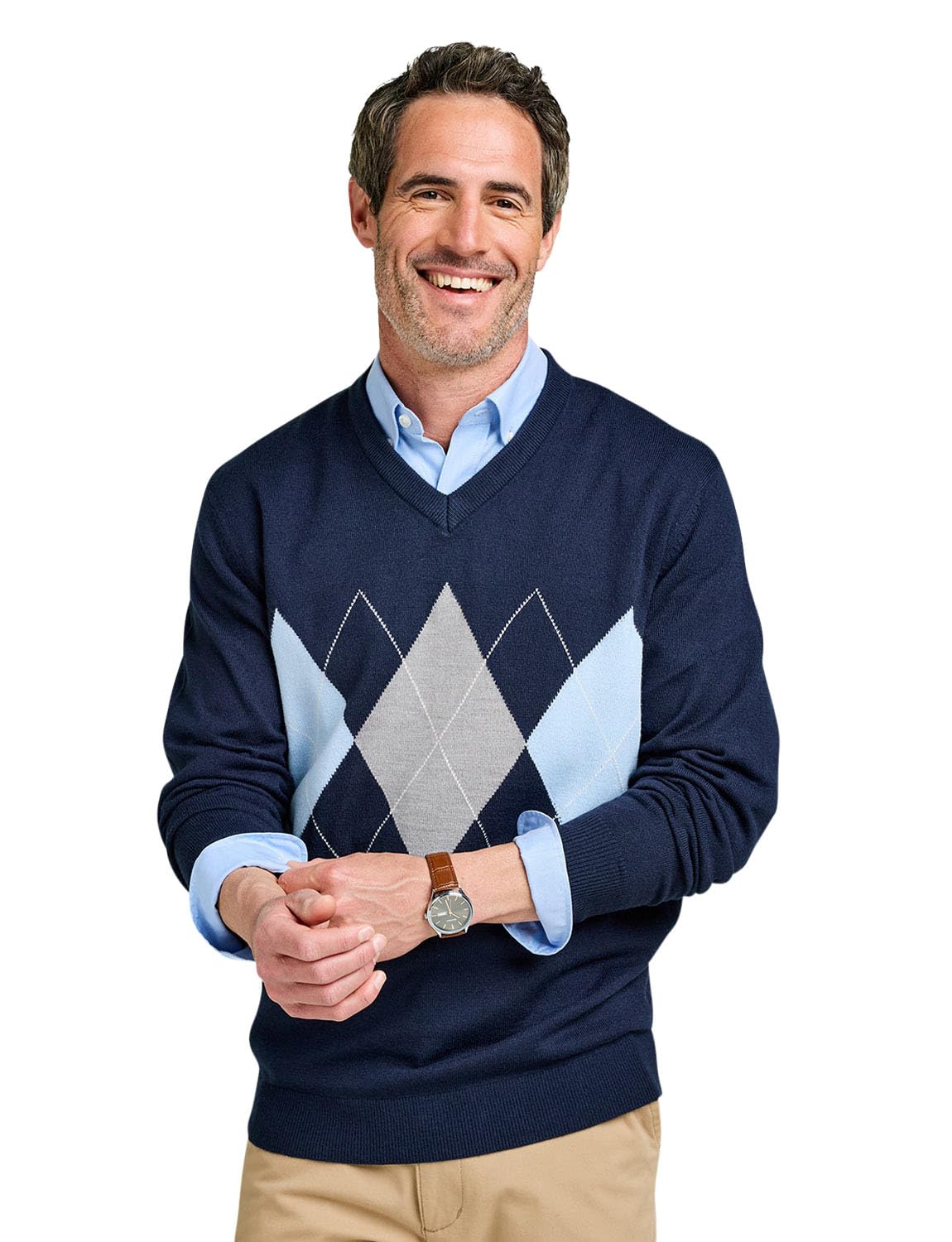 Tootal Men's Navy Argyle V Neck Jumper Classic Knitted Cotton Blend Sweater With Retro Pattern M