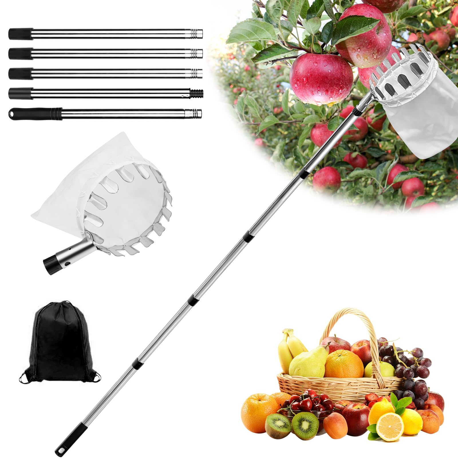 POFIBO Raccogli Frutta Telescopico, 2.2m Raccogli da Frutta con Manico Telescopico Raccogli Fichi Raccoglitrice Mele Ausilio per la Raccolta di Ciliegie Mele Prugne Alberi da Frutto