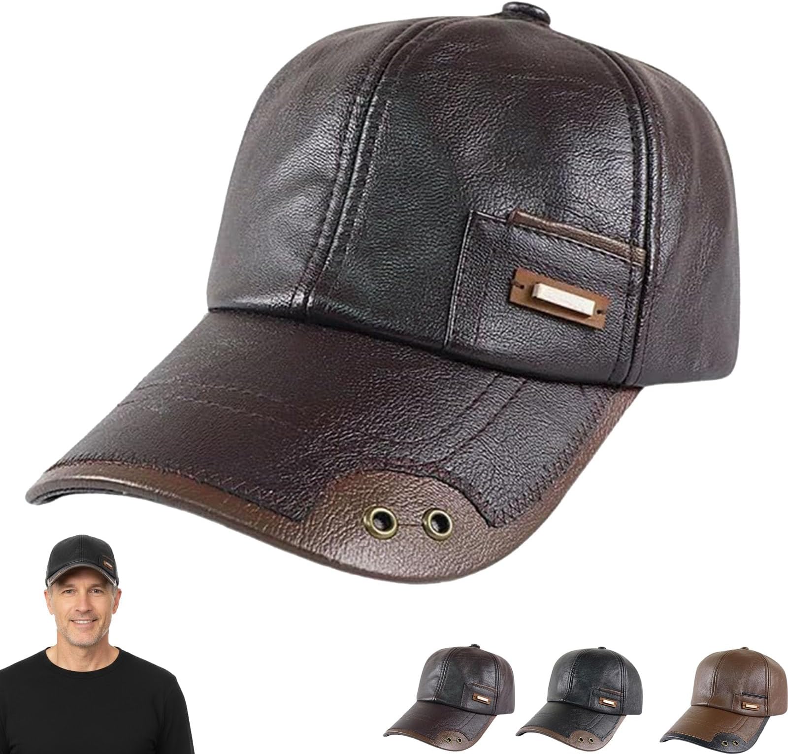 Leather Baseball Cap, Warm Windproof Waterproof PU Baseball Caps for Men with Fleece Lining, Adjustable Cap for Winter