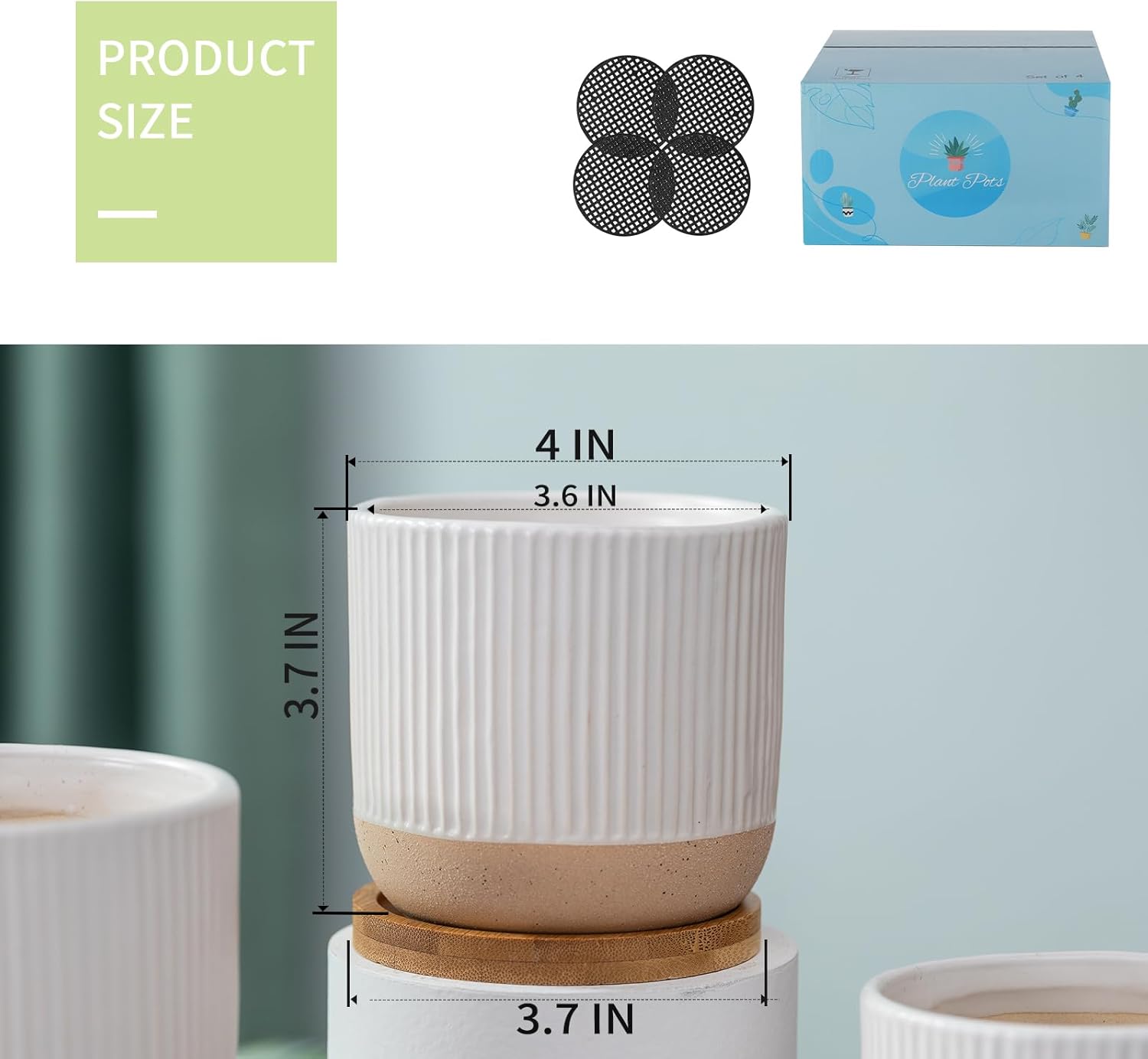 4 Inch Ceramic Plant Pots with Drainage Holes and Trays, Modern Small Minimalist Flower Planter Pot with Saucers for Indoor Plants, Succulent, Snake Plants, Cactus & Herbs, White, Set of 4