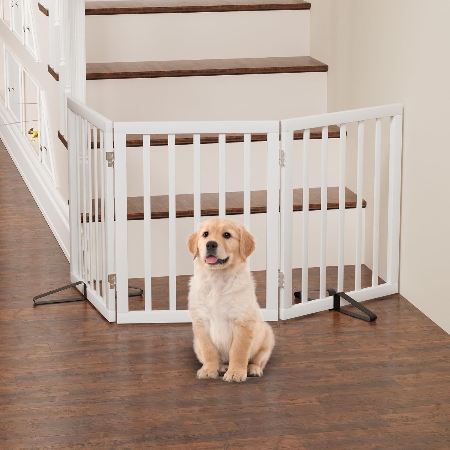 Dog Gate, Bamboo Freestanding Dog Gates for Doorways, Foldable Dog Gate Indoor, Pet Gates for Doorways Bedroom, Puppy Gate with Metal Support Feet, Room Divider 3 Panels (White)