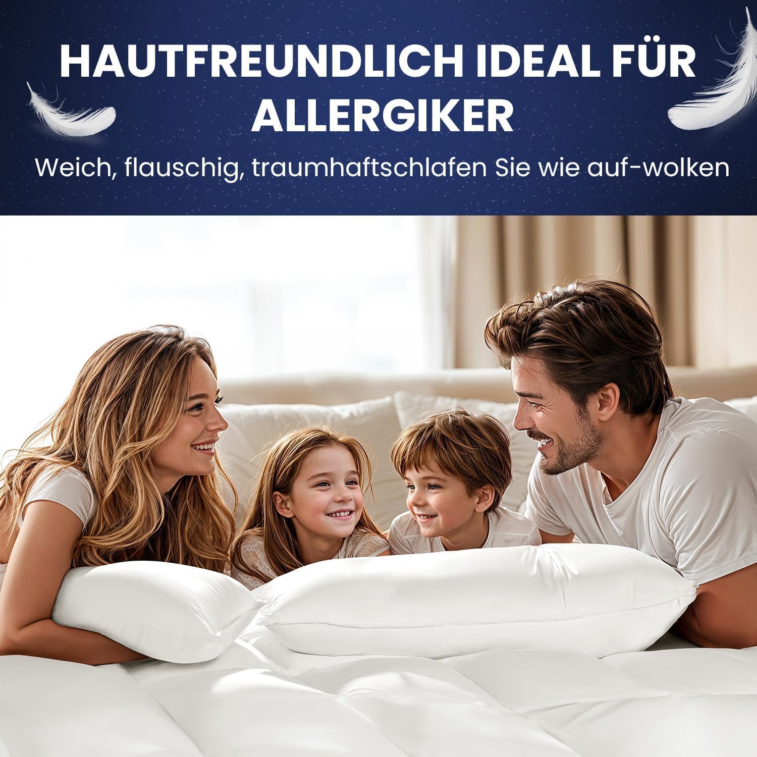 DEITAS Daunenkissen - 3-Kammer Design für optimalen Nackenstütz, weiche & atmungsaktive 100% Baumwollbezug, Bettkissen perfekt für Allergiker und Kinder(Weiß,80x80 cm (1 Stück))