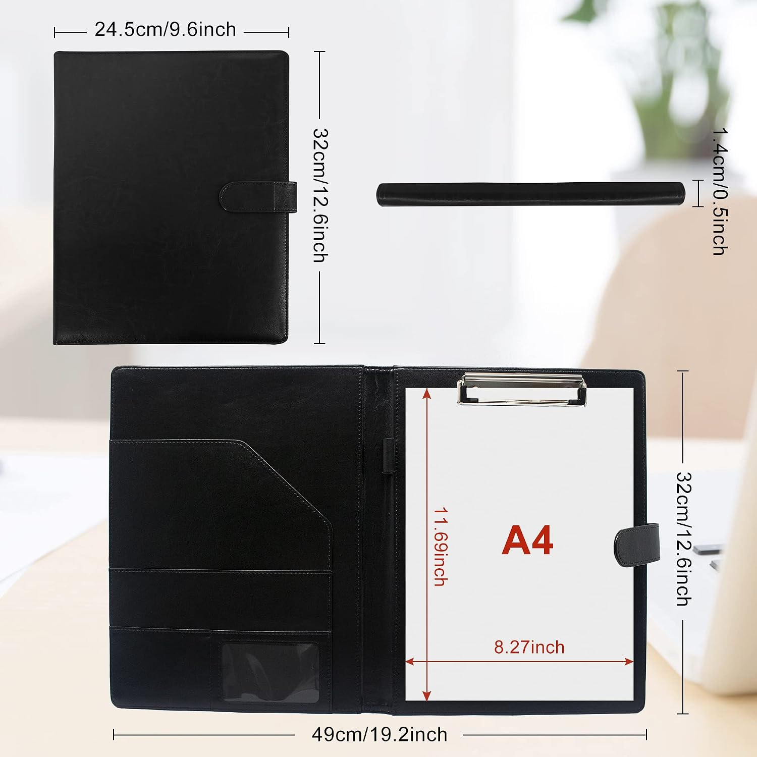 GraduationMall Business Magnetic Closure Portfolio Padfolio,PU Leather Folder Interview Resume Legal Document Organizer for Woman/Man with A4 Size Black Clipboard