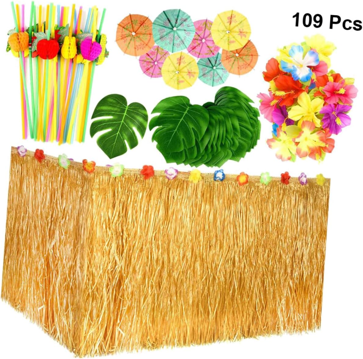 1Set Hawaiian Table Skirt Set Decorative Table Skirt with Monstera Leaves Hibiscus Flowers Umbrella Toppers Straws for Luau Party Decorations