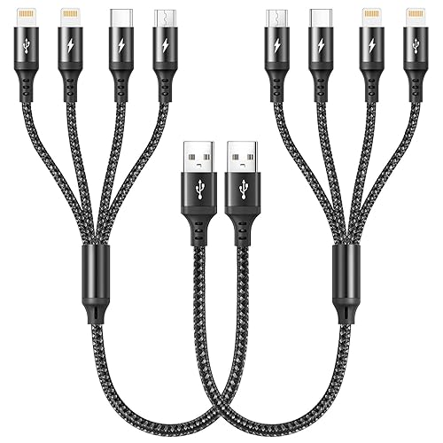 RULUS Cable de carga múltiple corto 2 unidades13.8 in, cable multiUSB 4 en 1, cable de carga rápida trenzado, cable de carga USB universal con