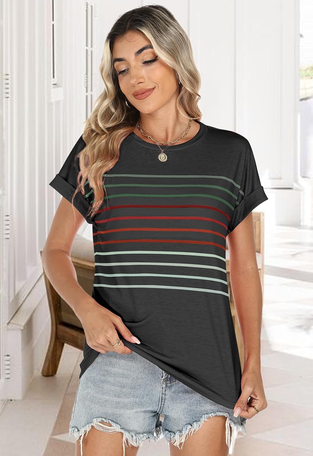 Womens Summer Tops Short Dolman Sleeve Crew Neck Striped Shirts Spring 2026 Fashion Beach Vacation Clothing - Image 4