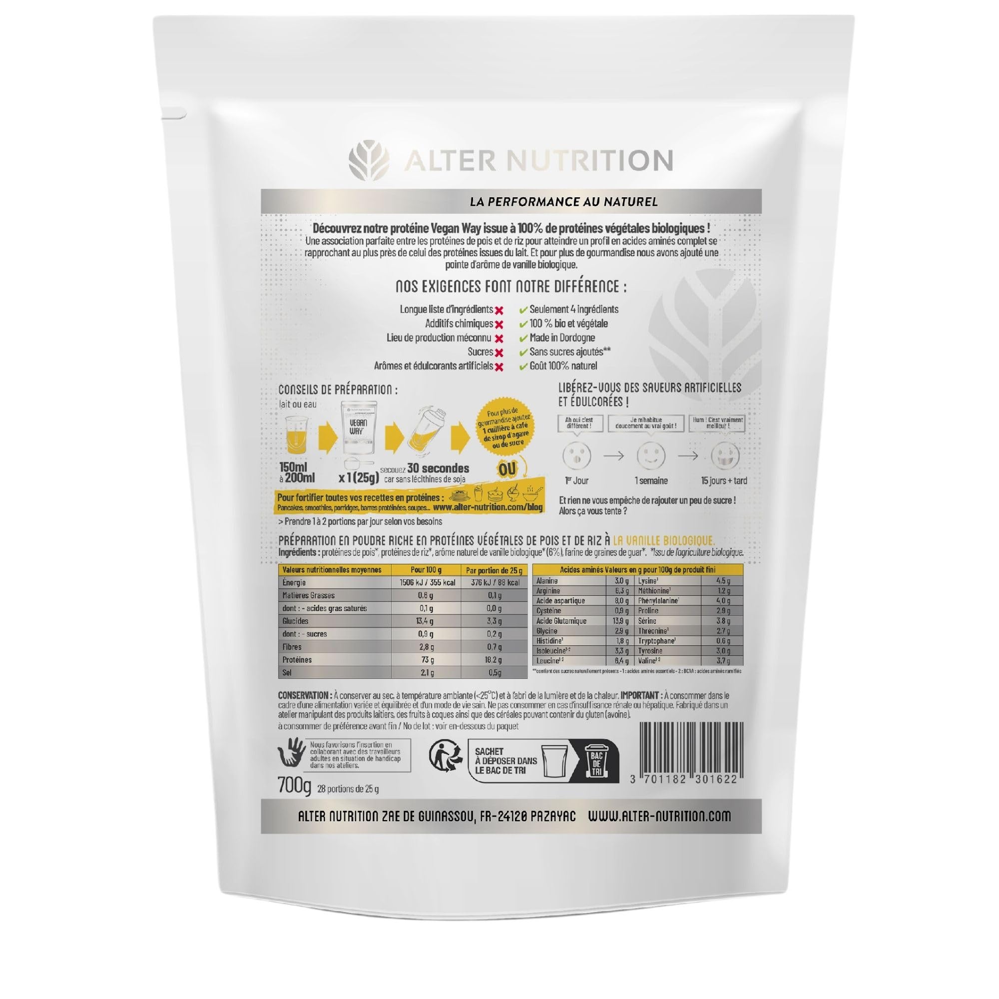 ALTER NUTRITION - Whey Vegan Bio - Vanille - Prise De Masse - Faible En Matières Grasses - Végétarien - Sans Sucres Ajoutés - Fabriqué En France - 18,2g De Protéines Par Portion - Sachet De 700 g