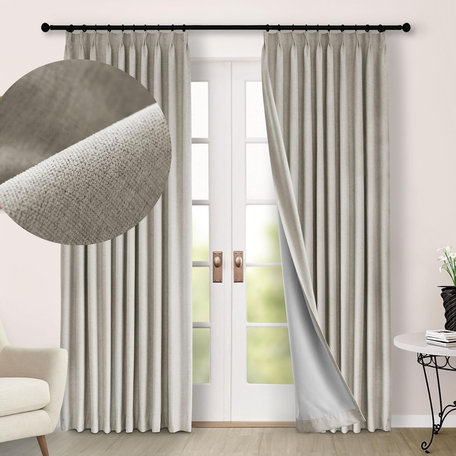 Macochico 100" Wx84 L Pinch Pleated Curtains for Sliding Door Room Divider 100% Blackout Insulated Chenille Curtains for Bedroom Living Room Modern Beige Taupe Blackout Panels with Tieback 1 Panel