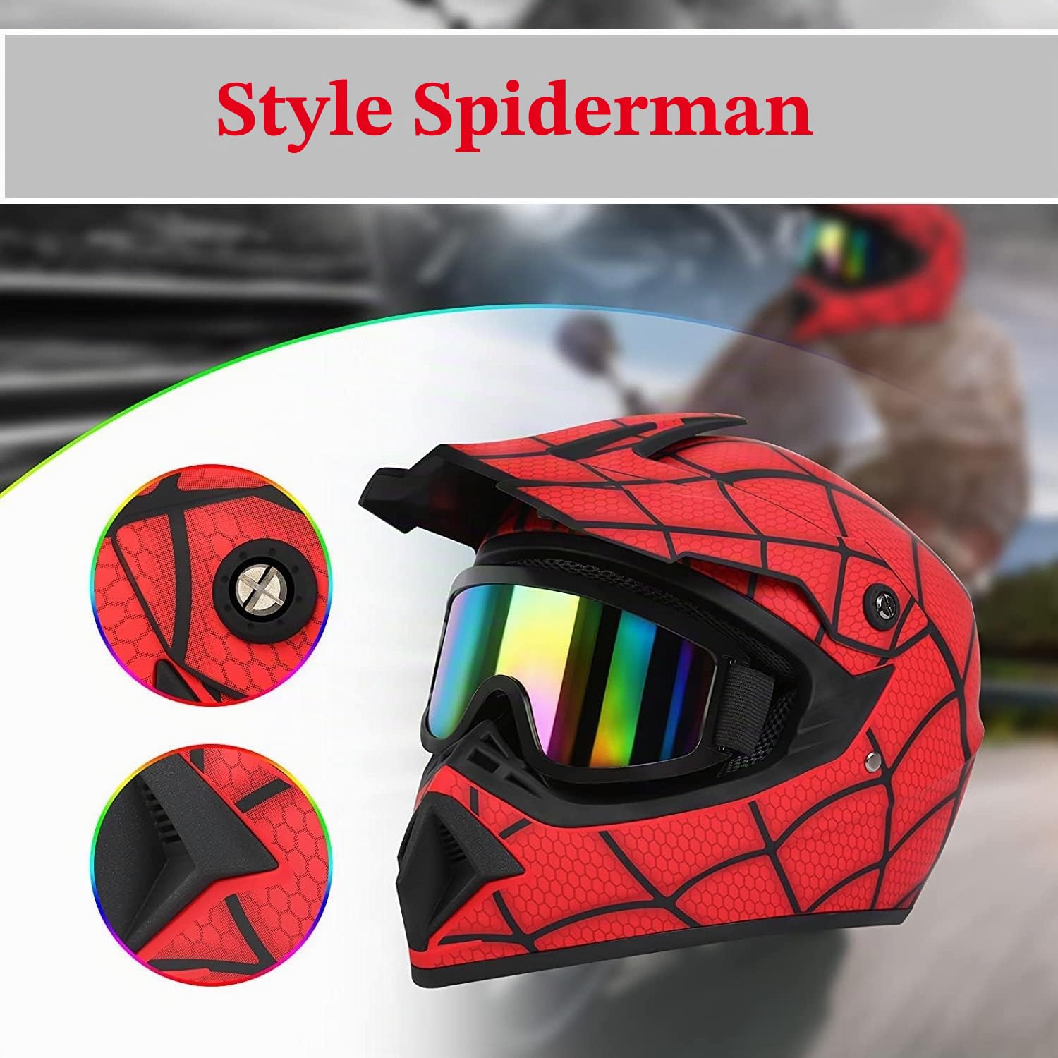 Casque Motocross Casque Moto Dot Fullface Casque Off Road Casque Dirt Bike avec Lunettes pour Unisexe Jeunes Enfants