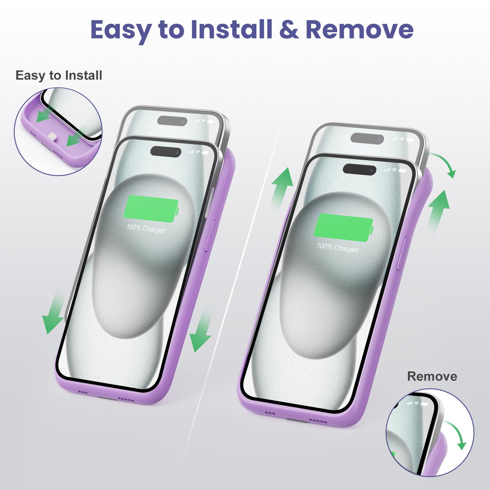 Feob Akkuhülle für iPhone 15 Pro (6,1"), 7500mAh 15W Powerbank Hülle Zusatzakku Akku Case Akku Ladehülle Handyhülle Akku Battery Case Akku Hülle für iPhone 15 Pro (6,1") Charger Case-Violett