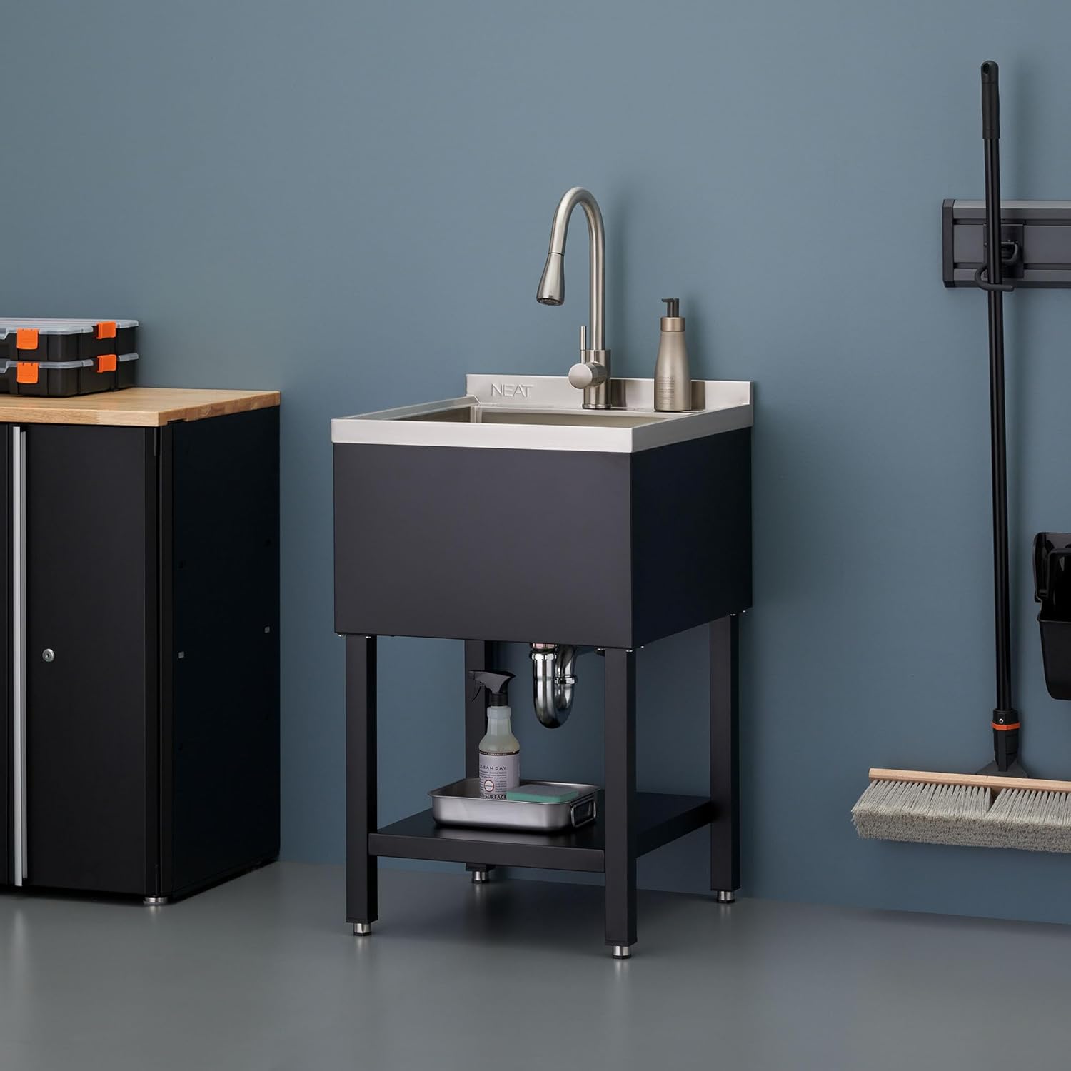 Stainless Steel Utility Sink, Freestanding Single Bowl Small Utility Sink with Pull-Out Faucet for Garage, Laundry Room, Shop, NSF Certified, 22"W x 22"D x 50"H, Black