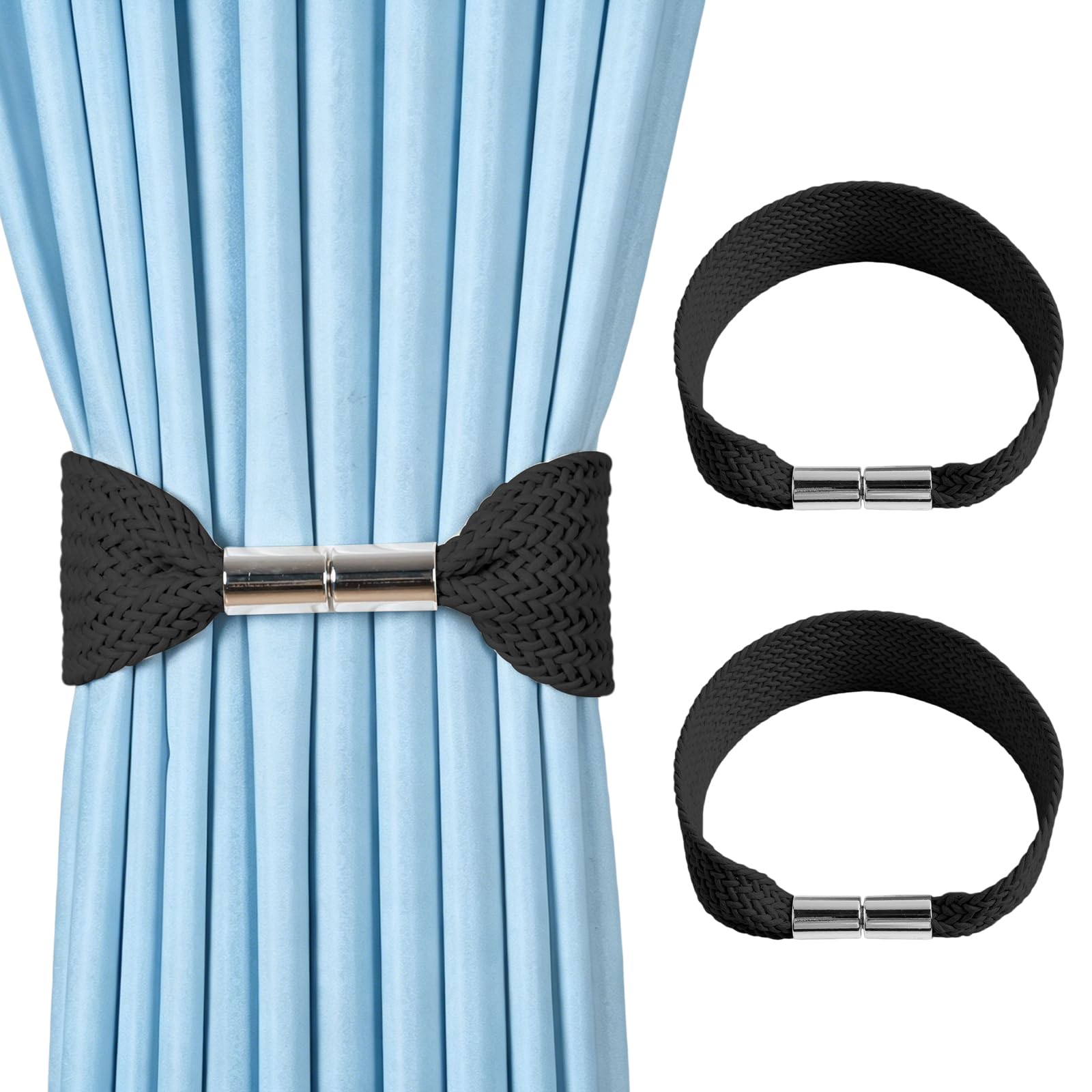 2 Pcs Magnetic Curtain Tie Backs, Modern Simple Style Curtain Tiebacks Curtain Holdbacks Drape Tie Backs, Elegant Magnetic Curtain Buckle Clips for Home Office Thin Thick Window Drapery Decor (Black)