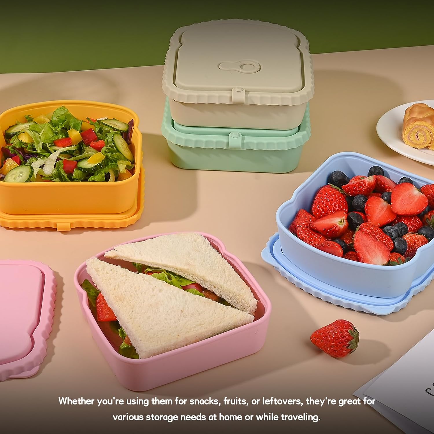 2 Pack Sandwich Containers, Silicone Snack Containers with Airtight Lids, Reusable Toast-Shaped Sandwich Box, BPA-Free, Dishwasher Safe, Food Storage Containers for Snacks & Fruits (A) image 5