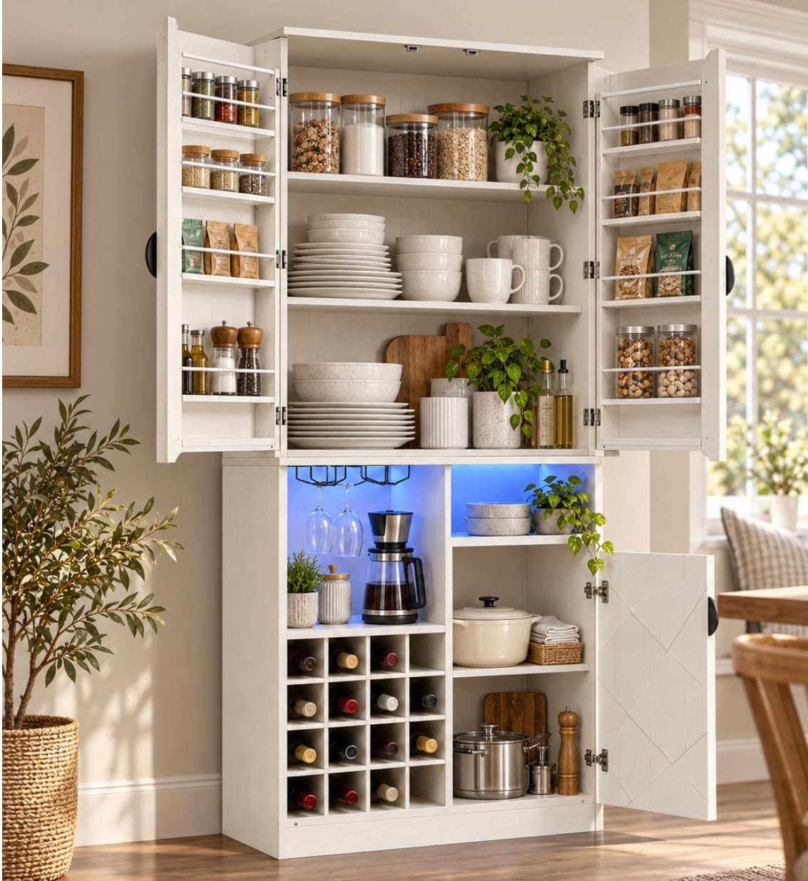 kepptory 72" Tall Wine Bar Cabinet with LED Light, Farmhouse Kitchen Pantry Storage Cabinet with 16 Wine Racks & Glass Holders, Liquor Cabinet for Dining Room Living Room, White