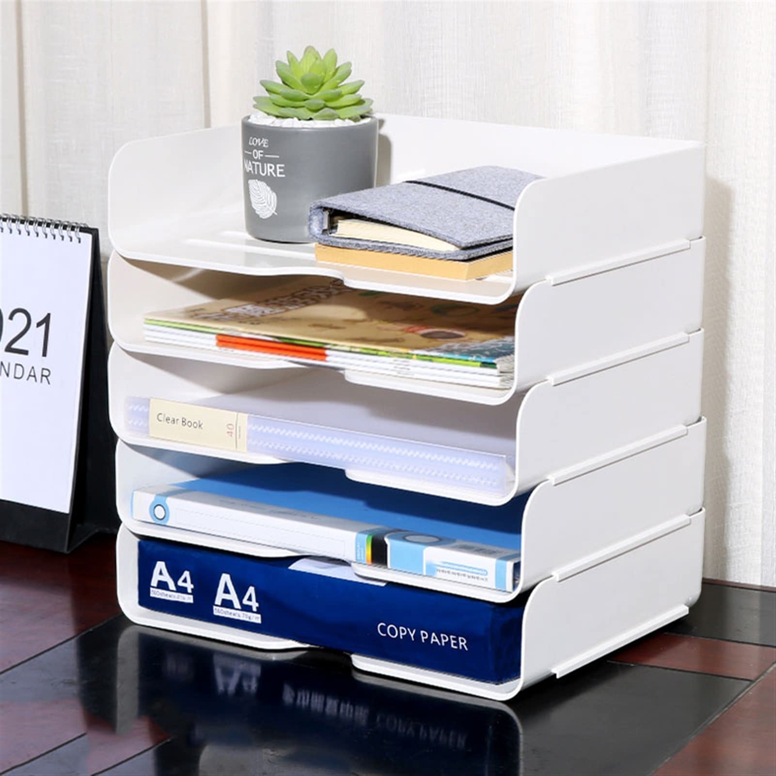 Portariviste Organizzatore da scrivania impilabile, rack di file con 5 livelli di compartimenti for organizzazione ufficio e stoccaggio, file manager, bianco Cartella espandibile