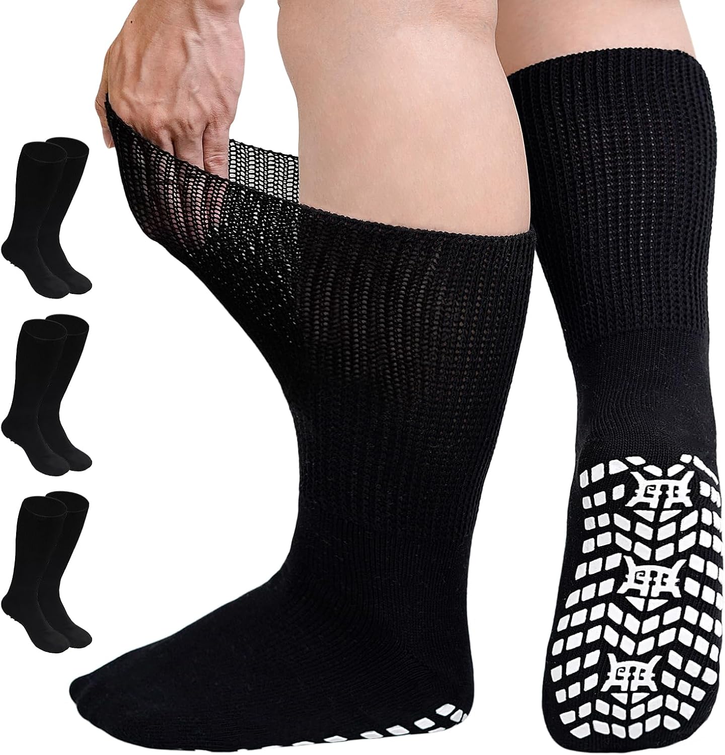 CaiDieNu Non Slip Diabetic Socks: 3 Pairs Extra Wide Hospital Socks for Men Women with Grips Elderly Edema 9-15