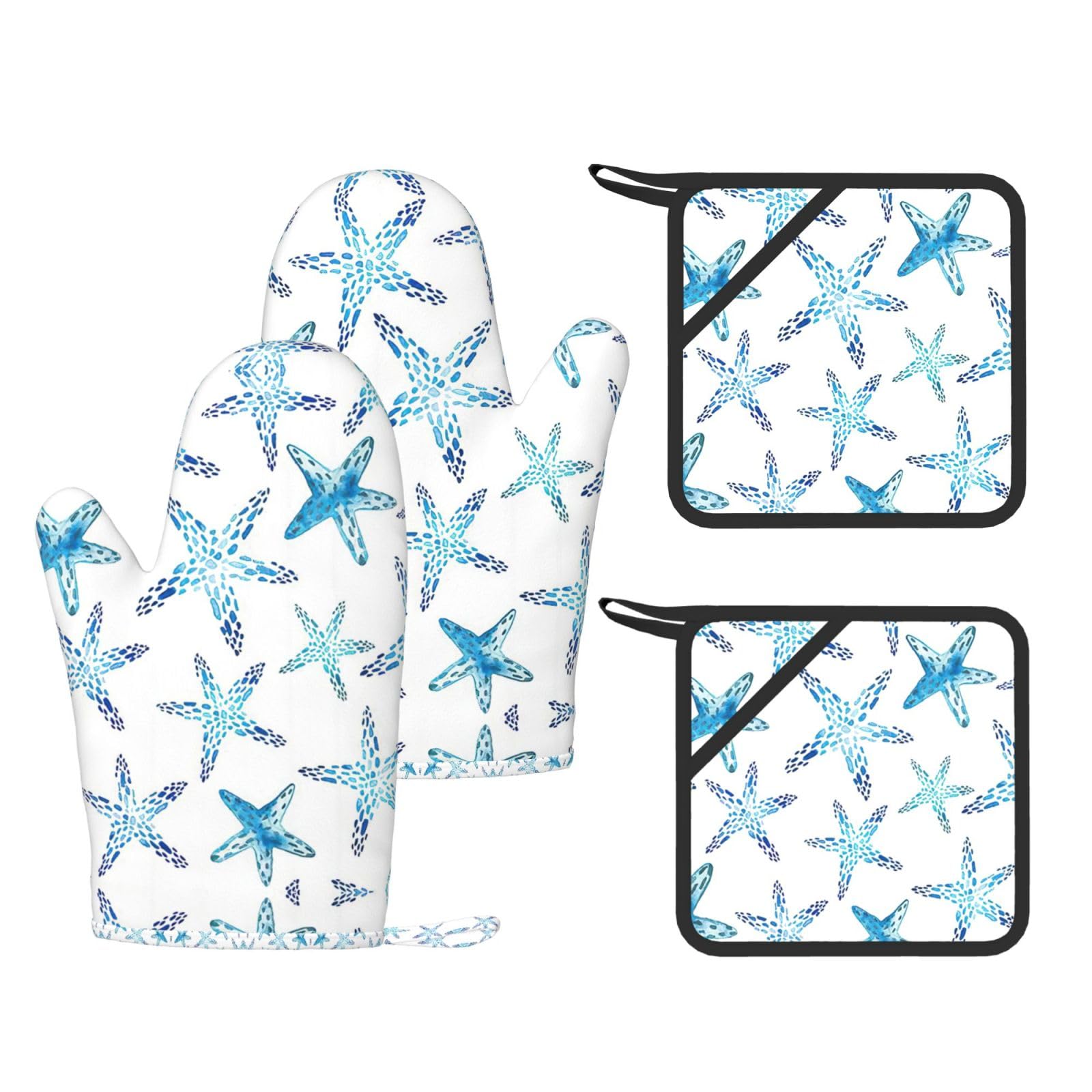 Cute Starfish Fashion Printed Kitchen Kit with Heat Resistant Oven Mitts & Non-Slip Hot Pads for Baking