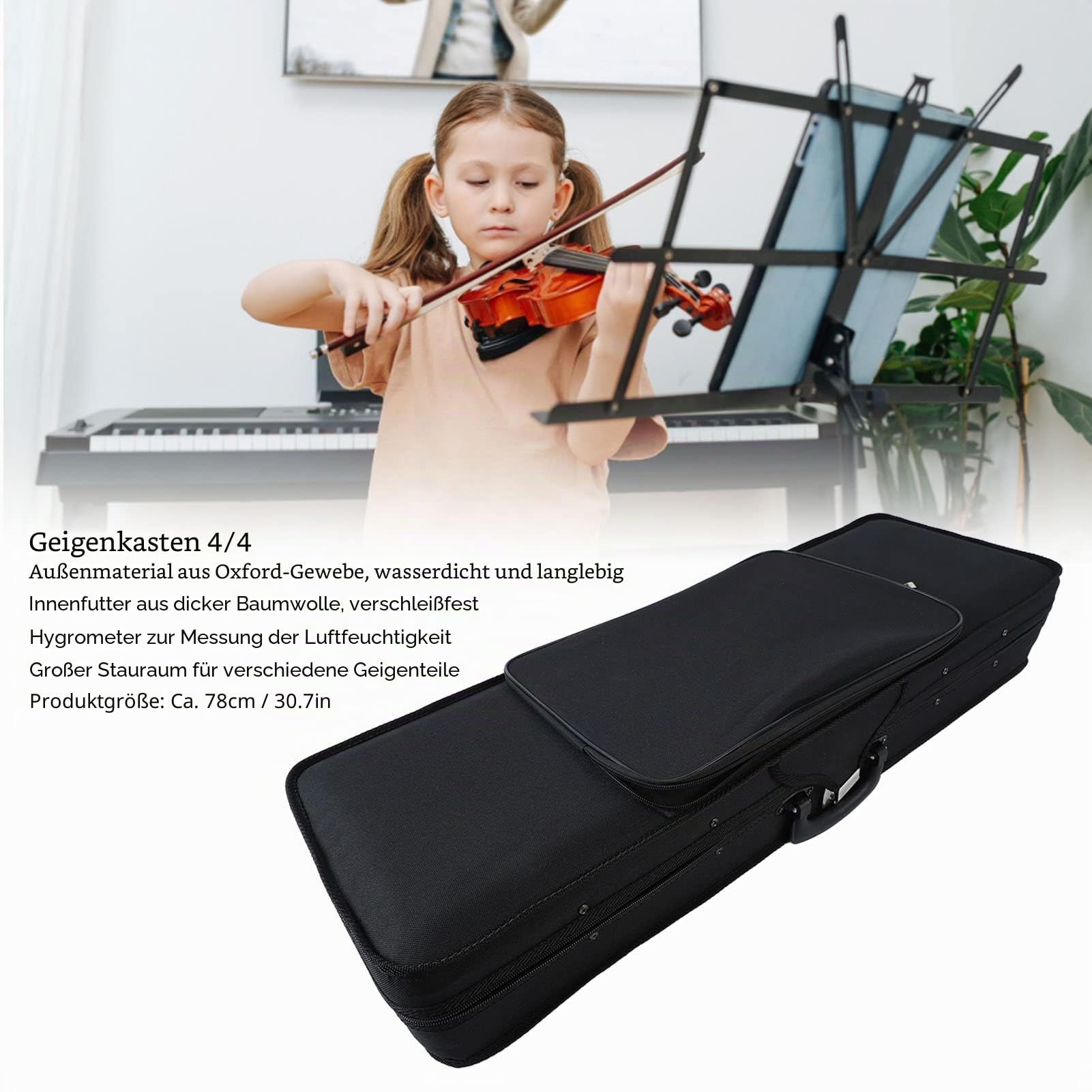 Eujgoov 4/4 Schwarzer Violinenkoffer mit Hygrometer – 78 cm Oxford-Stoff, Längliche Form, Violinformetui für optimalen Schutz