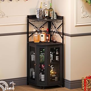 JKsmart Corner Bar Cabinet with Glass Holder, 4-Tier Industrial Wine Bar...