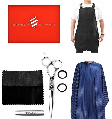 Barber Strong Barber Shears and the Barber Cape - Funda para corte de pelo, rayas azul/blanca, delantal de barbero extra ancho en negro, tapete de
