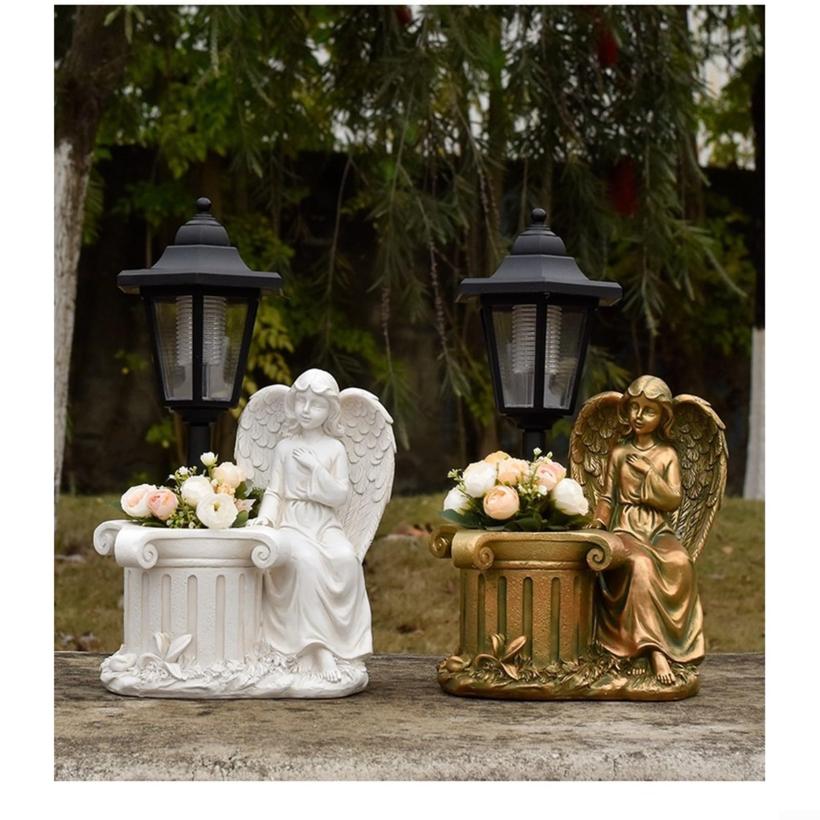 Maceta solar de resina de estilo europeo, estatua de jardín decorativa hecha a mano con luz nocturna LED, IP44 impermeable, decoración de paisaje al aire libre para patio, acabado de cobre (D)