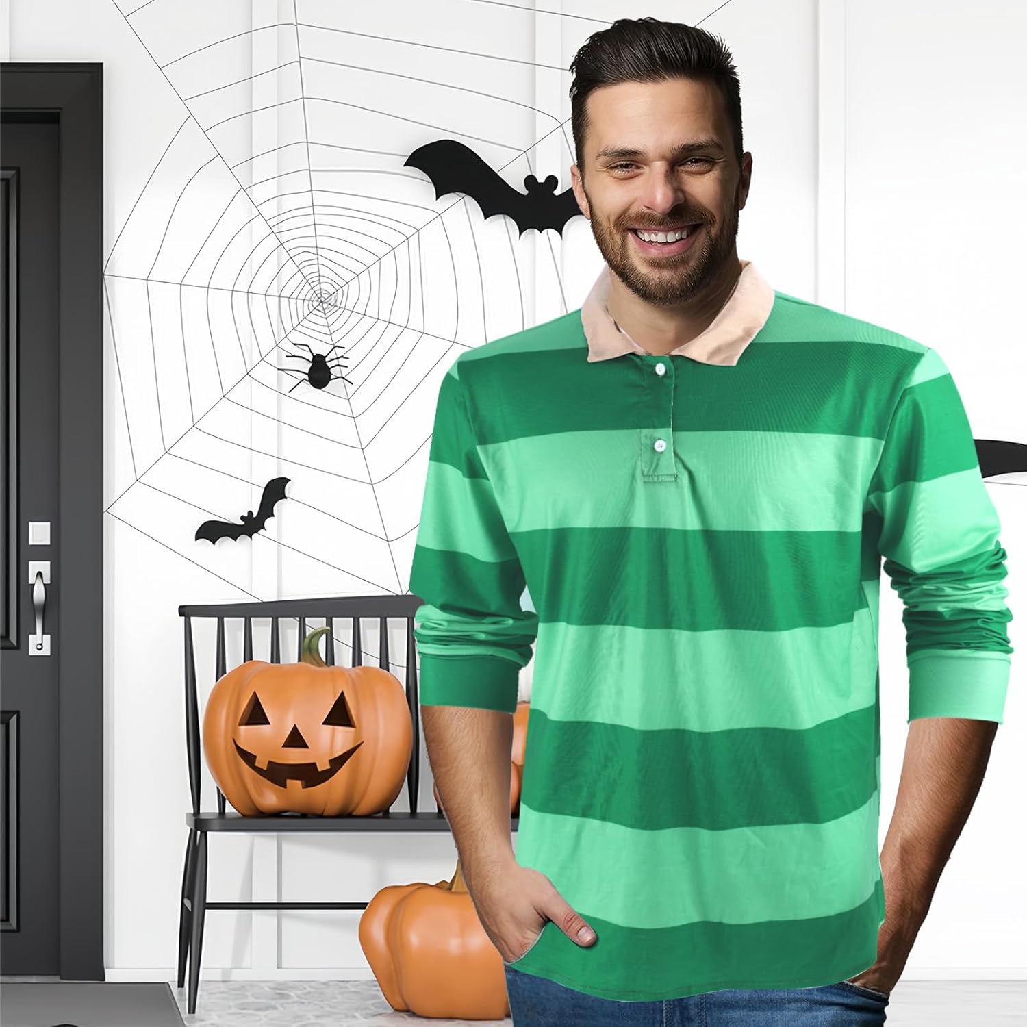 Halloween Costume Steve Green Striped Shirt Clues Outfits Adult Men, Striped Polo Shirt, Long Sleeve Novelty T-Shirts Tops - Image 5