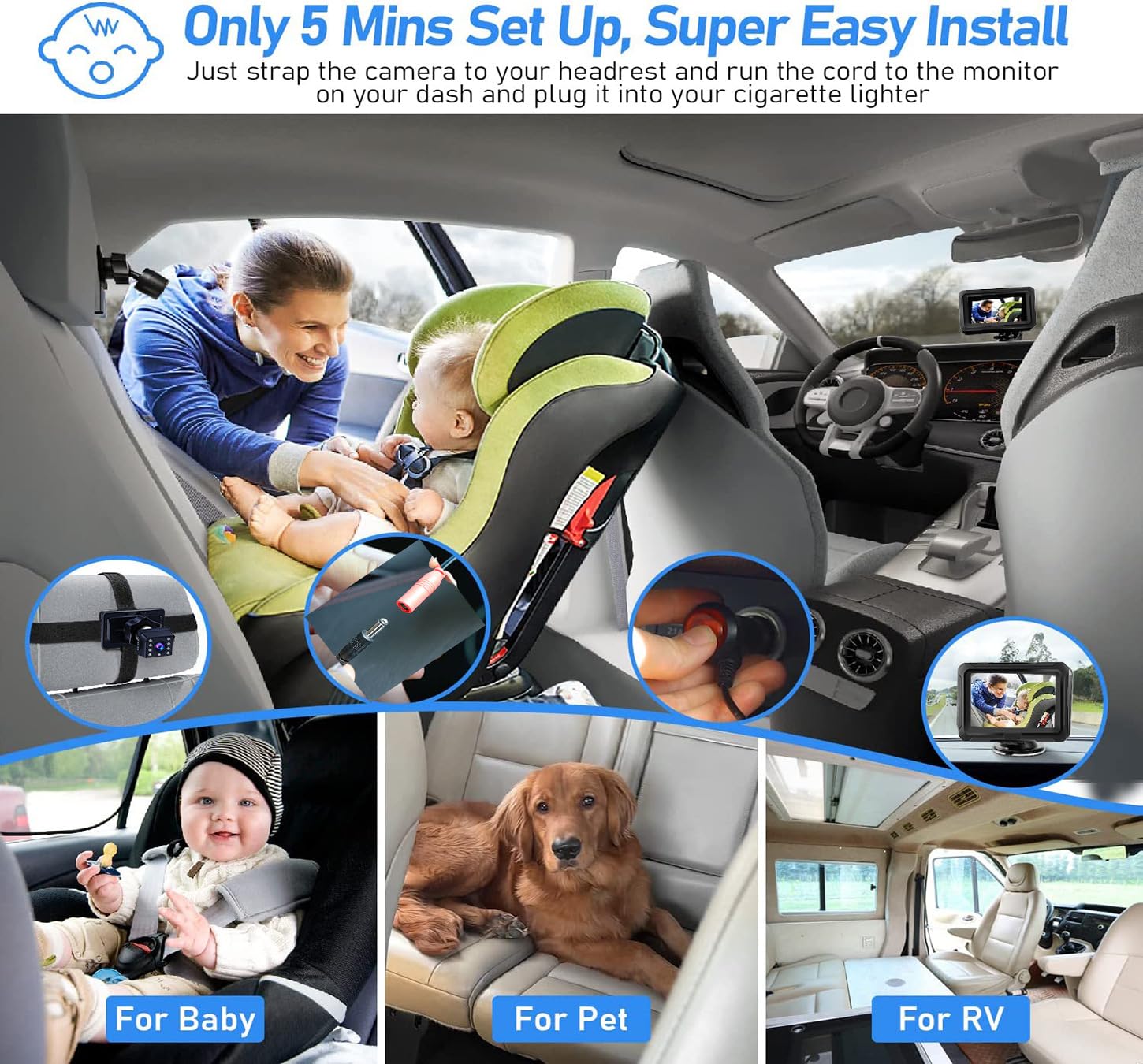 CLT-805 - Specchio per auto per bambini con display HD 4.3 HD, telecamera di sicurezza per seggiolino auto con ampia visione cristallina, osserva facilmente i movimenti del bambino (non USB)