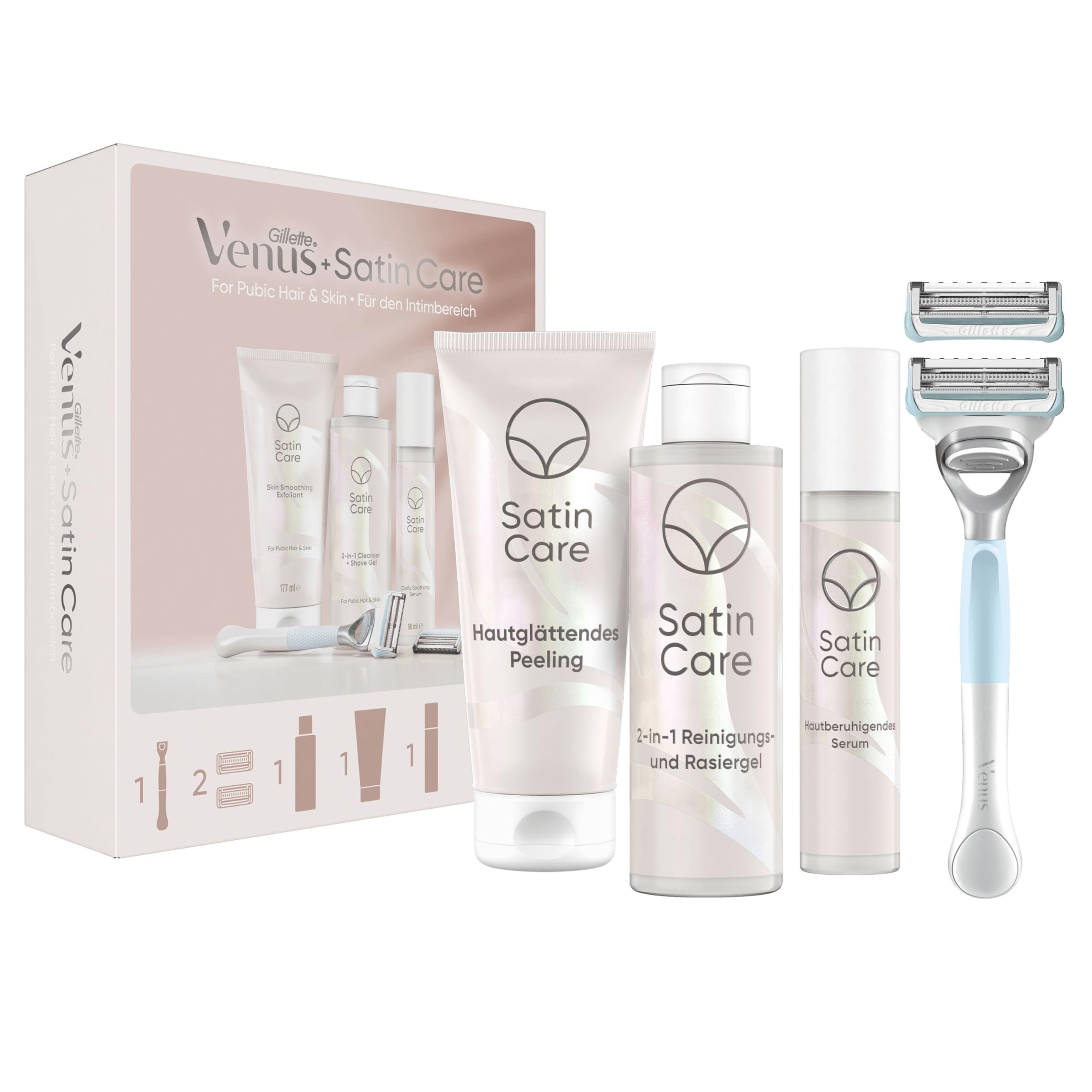 Gillette Venus Satin Care For Pubic Skin And Hair With 1 Women's Razor Handle And 2 Refills, Shaving Gel, Exfoliating, Soothing Serum, Gentle Shaving, Designed For Intimate Areas