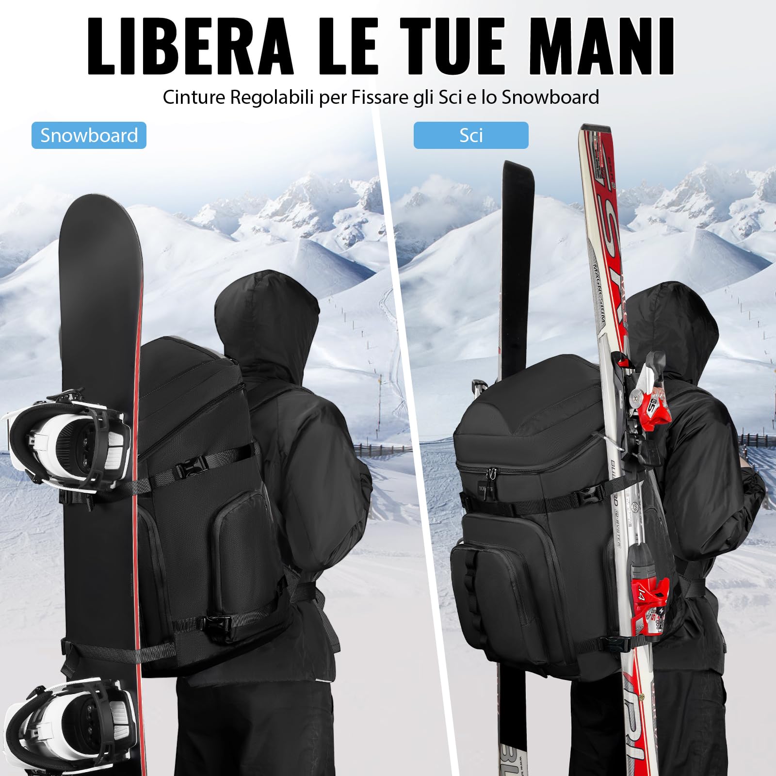 YOREPEK Zaino Porta Scarponi Sci, Impermeabile Sacca Porta Scarponi da Sci e Casco, 65L, Grande Zaino Snowboard con 8 Scomparti Separati per Casco, Occhiali, Guanti, Giacca, Attrezzatura Sciistica
