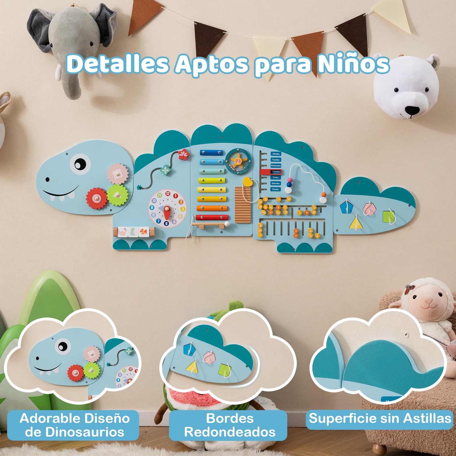 GOPLUS Paneles de Actividades para Pared de Dinosaurios, Centro de Actividades Educativas 11 en 1 para la Educación Temprana, Juguetes Sensoriales Montessori de Madera para Sala de Juegos (Azul)