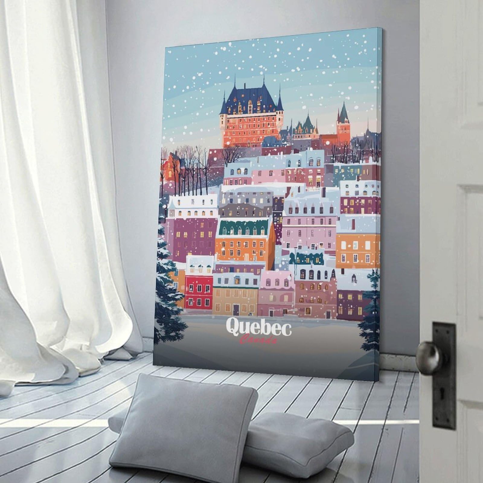 Junmoney Quebec City Winter Wall Decor Canvas Print, 20x30inch(50x75cm), for Living Room, Bedroom, Office Or Hallway, Stylish Home Artwork for Focal Walls