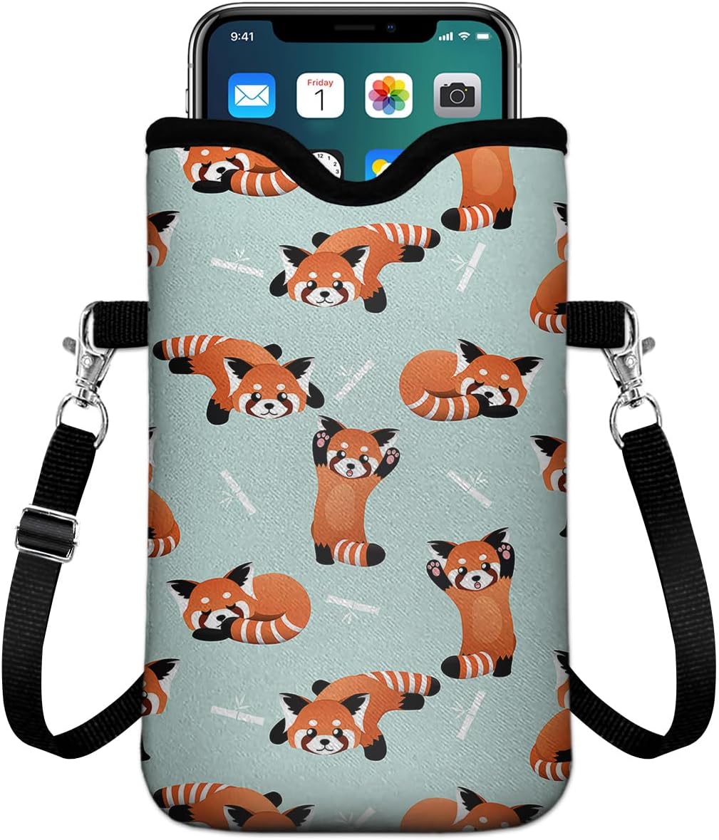 Universal Phone Sleeve Pouch with Crossbody Strap 7.6 X 4.3 Inches Shockproof Water Resistant Mobile Protection Bag-Red Panda Neoprene Phone Pouch Bag